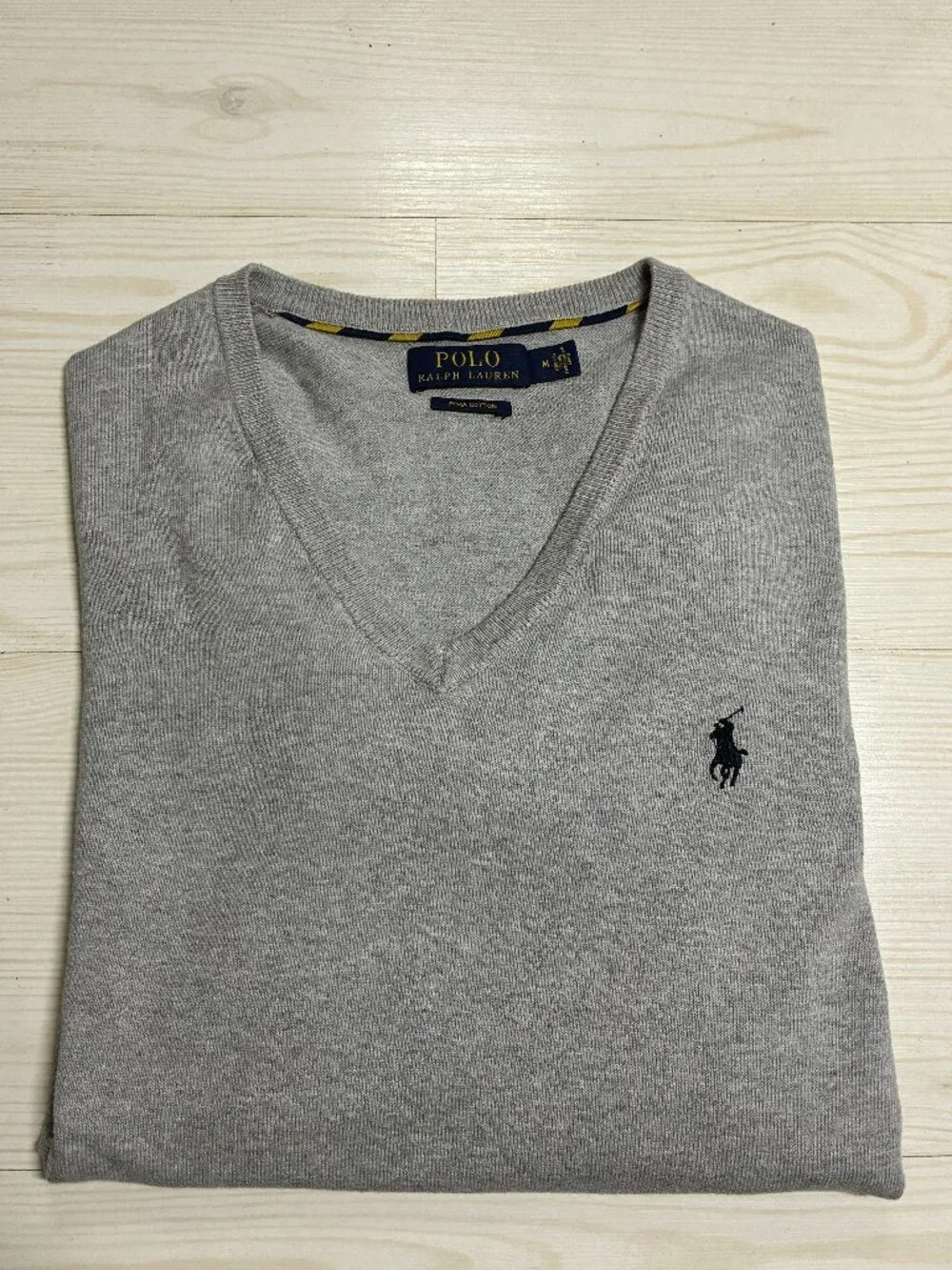 Polo Ralph Lauren Men's Grey Pima Cotton V-Neck Navy Pony Sweater Size Medium
